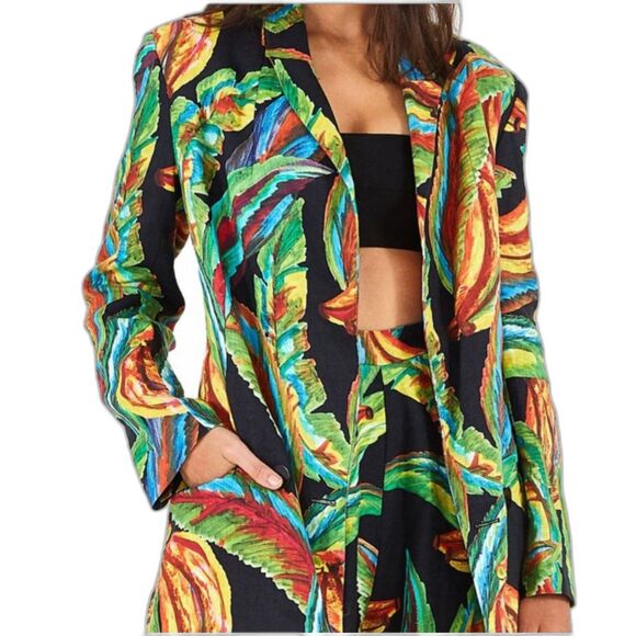 Farm Rio Preta Banana Double Breasted 100% Linen Jacket, Statement Piece, Sz M - Picture 1 of 8